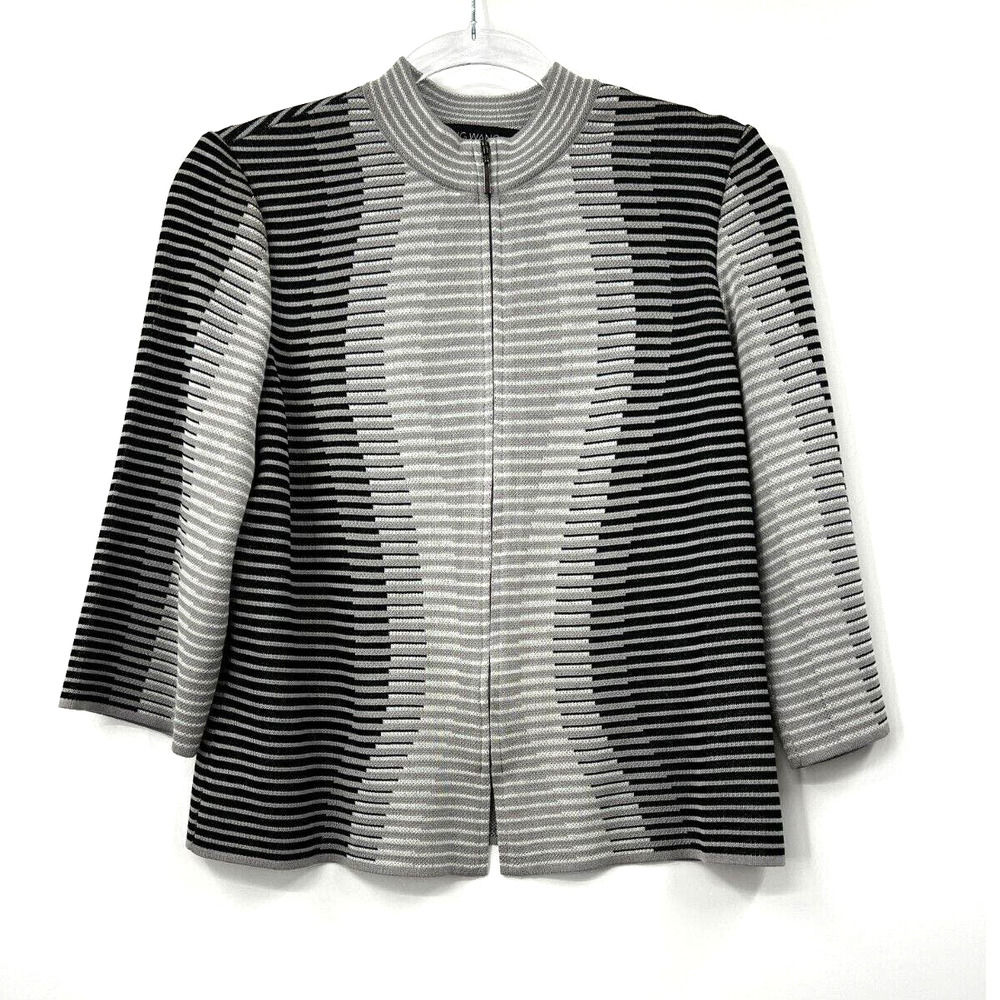 Ming Wang Jacket Womens Full Zip Stripped Crewneck 3/4 Sleeve Gray Black Size S